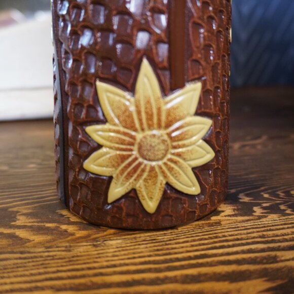 Vintage Studio Pottery Vase Brown Glazed Ceramic Vase with Embossed Flowers - Picture 8 of 12